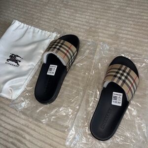 Burberry Beige and Black Check Slides